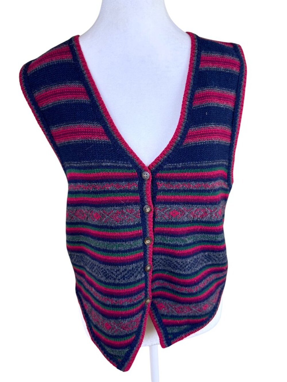 Vintage Sweater Vest Lambswool Button Front Fair Isle Stripe Academia (M)